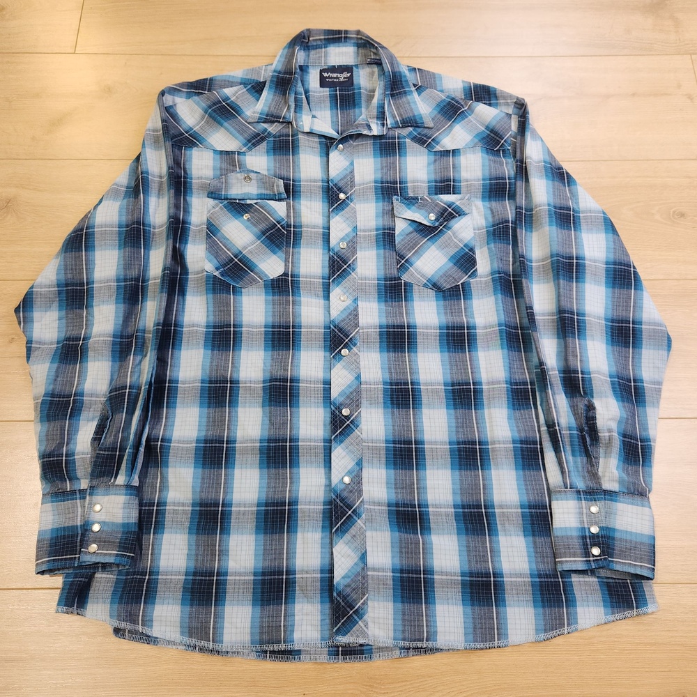 Wrangler Western Shirt Mens 2XLT Blue Plaid Pearl Snap Long Sleeve Cowboy